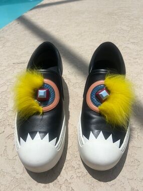 Fendi Monster Slip-On Sneakers with Yellow Fur